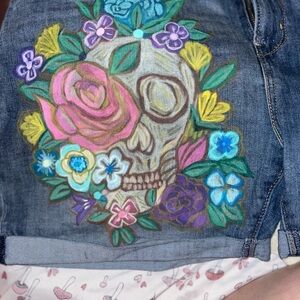 Floral Skull Hand Painted Women Jeans Shorts